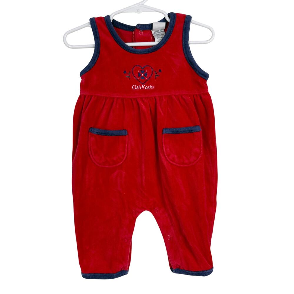 Vtg 90s OshKosh B'Gosh Romper Velvet Red Blue Heart - 3-6 Months